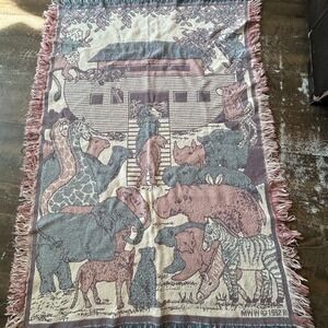 VTG 1992 MWW Noahs Ark Tapestry Blanket Throw Pastel Baby Nursery 32x46